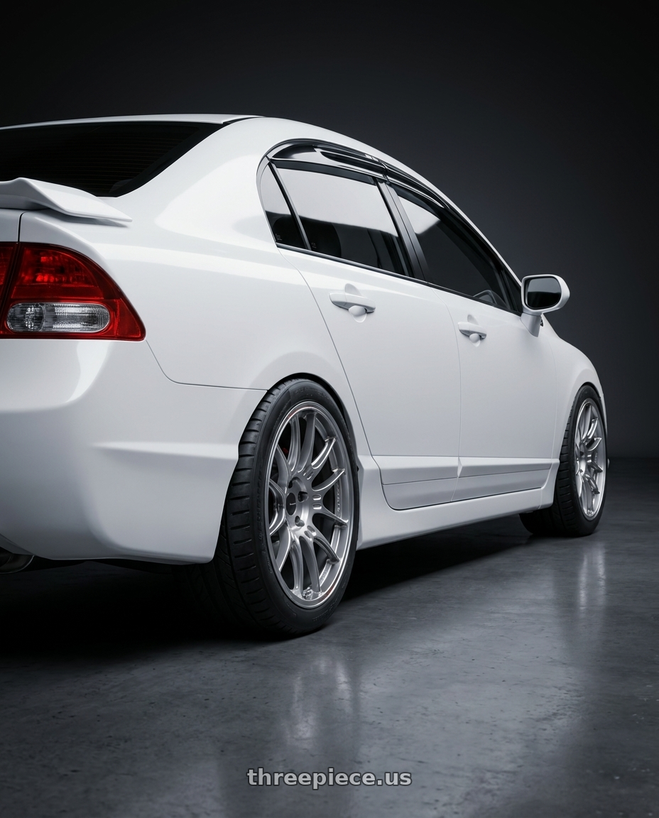 2008 Honda Civic SI with Enkei GTC02 5x114.3 18x8+35 Hyper Silver wheels rear three quarter view meaty tires