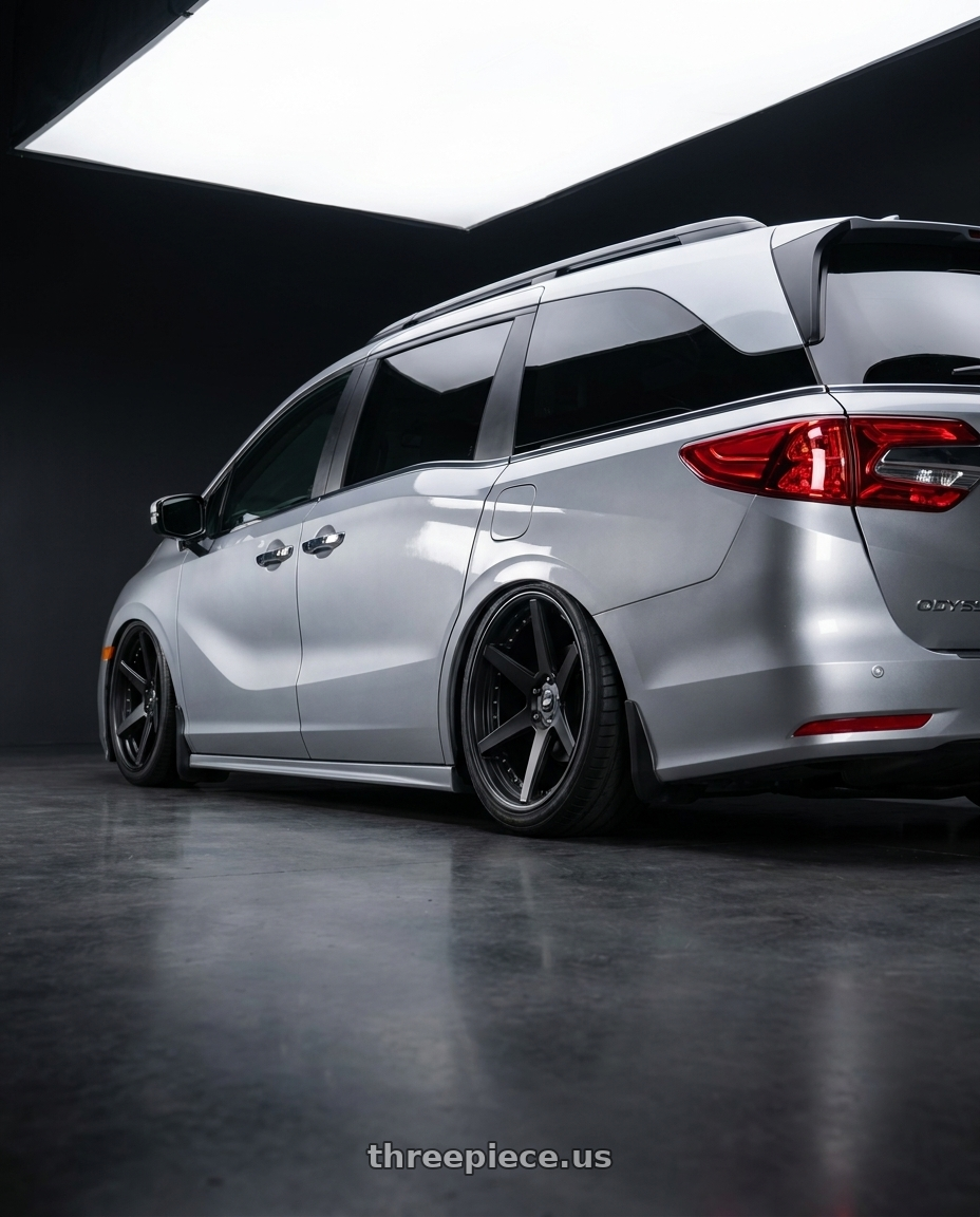 2024 Honda Odyssey with Work Zeast St1 5x120 20x8+38 H Disk Matte Black wheels rear three quarter view square tires