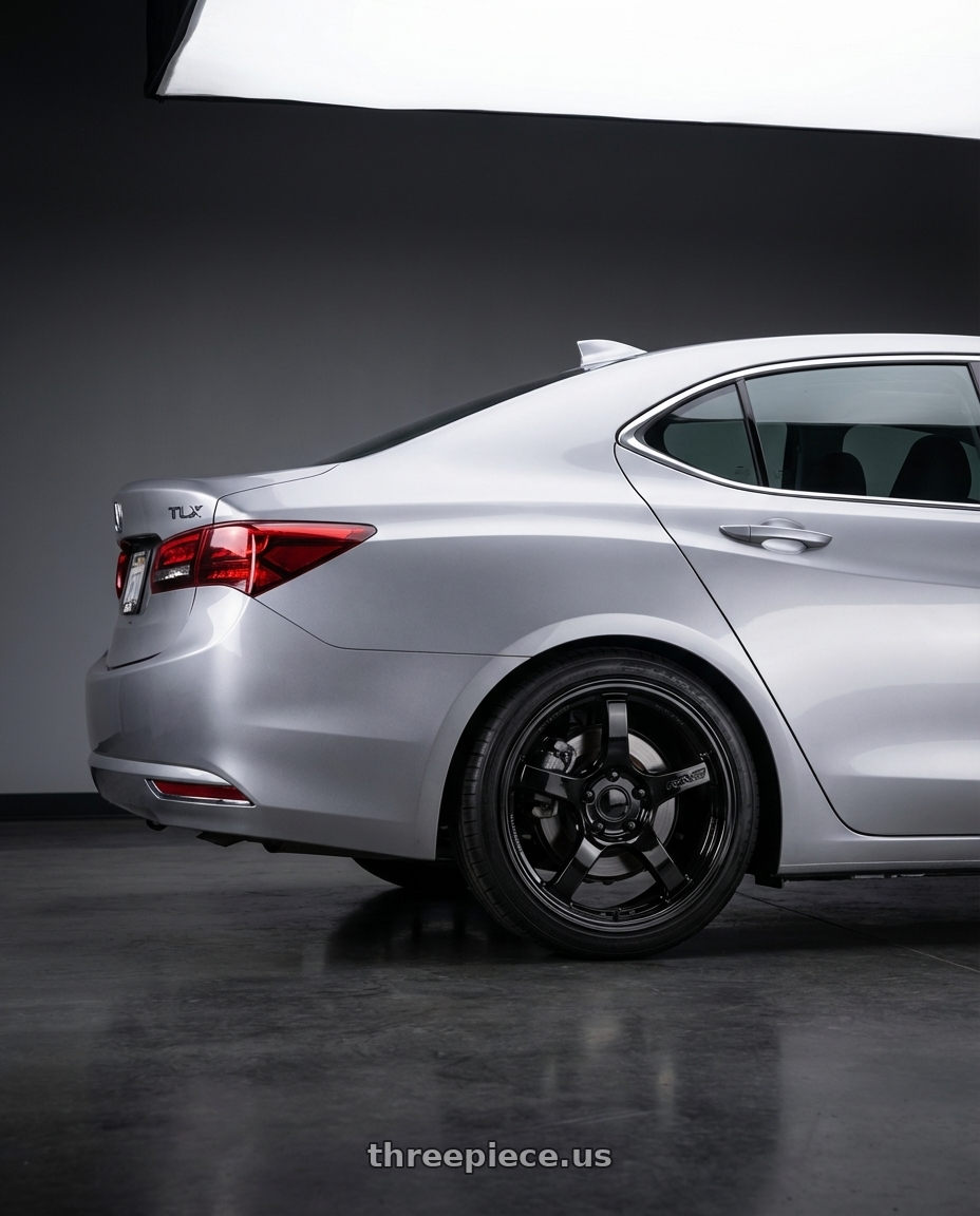 2019 Acura TLX with Gram Lights 57CR 5x114.3 19x8.5+45 Glossy Black wheels rear three quarter view square tires