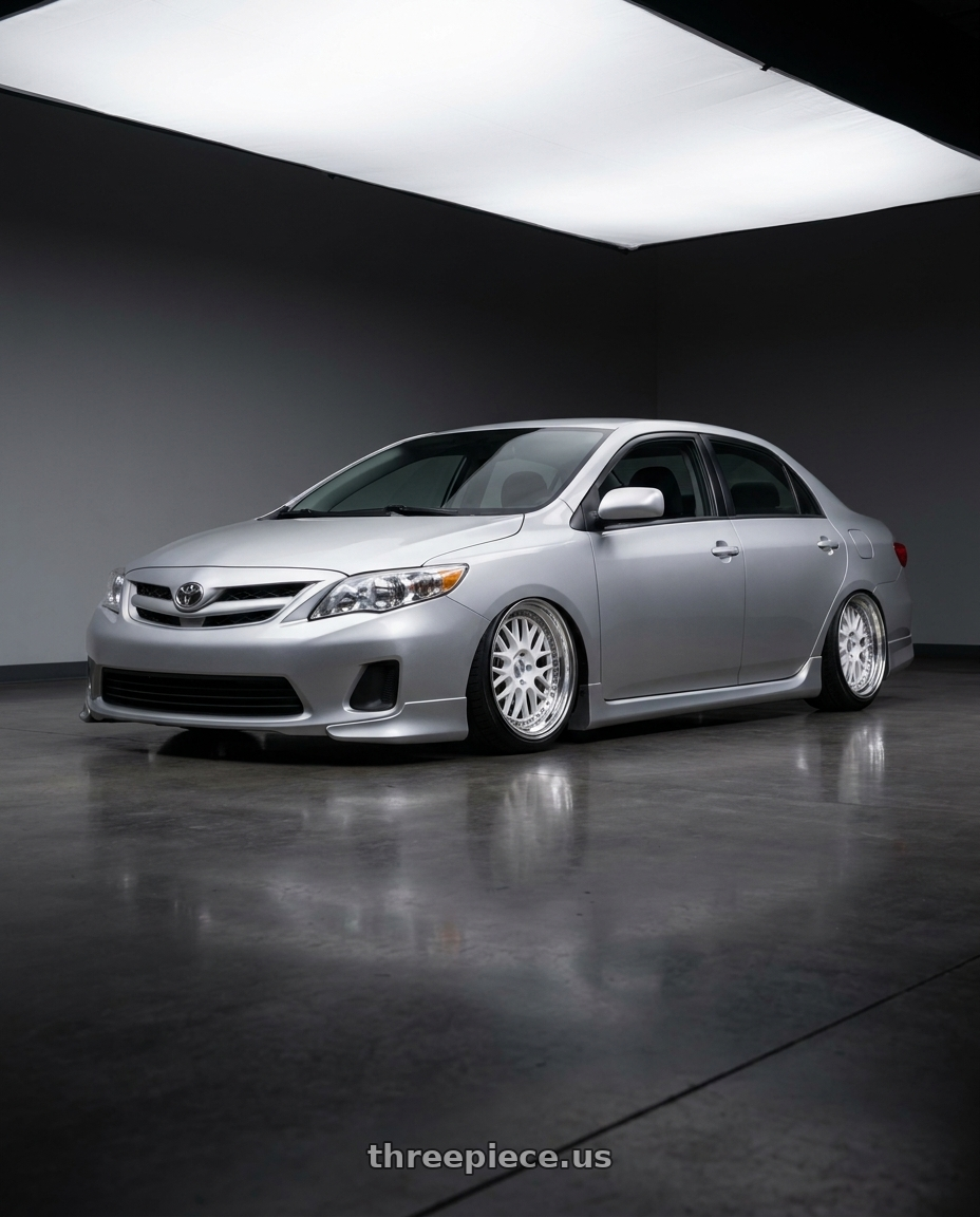 2011 Toyota Corolla with ESR Wheels SR SERIES SR01 5x100 18x8.5 +30 Gloss White wheels front three quarter view stanced stance