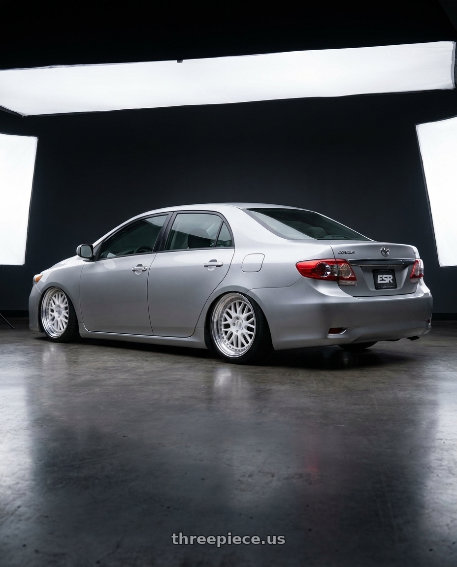 2011 Toyota Corolla with ESR Wheels SR SERIES SR01 5x100 18x8.5 +30 Gloss White wheels rear three quarter view slight stretch tires
