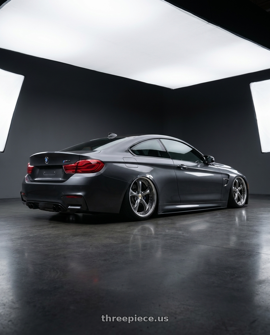 2019 Bmw m4 with Work Wheels VS-KF 5X114.3 19x7.5+34 Brilliant Silver Black A Disk FULL REVERSE wheels rear three quarter view slight stretch tires