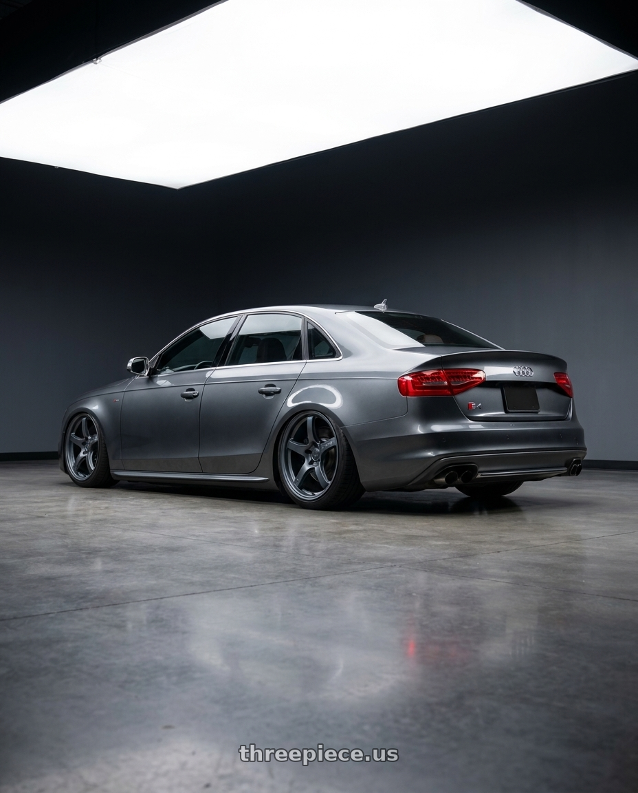 2015 Audi S4 B8.5 with Gram Lights 57CR 5x112 19x9.5+45 Gunblue II wheels rear three quarter view slight stretch tires