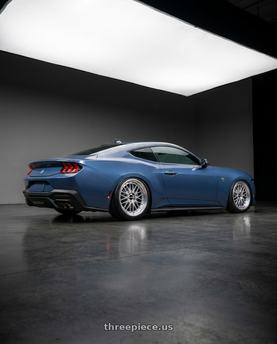 2025 Ford mustang dark horse with BBS LM 5x114.3 19x9.0+38 Diamond Silver wheels rear three quarter view slight stretch tires