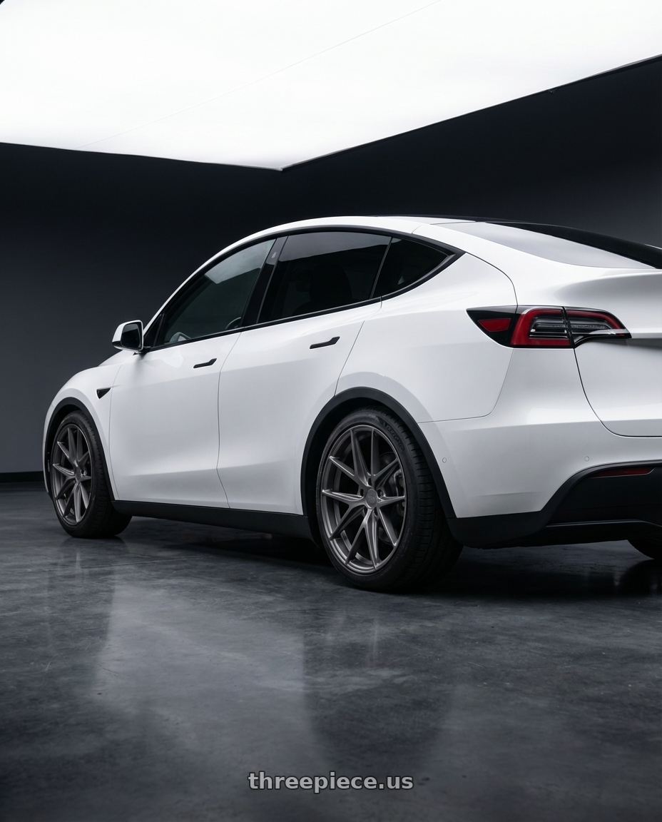 2024 Tesla Model Y with Niche 1PC M116 MISANO 5X114.3 20X10.5 +30 MATTE GUN METAL wheels rear three quarter view square tires