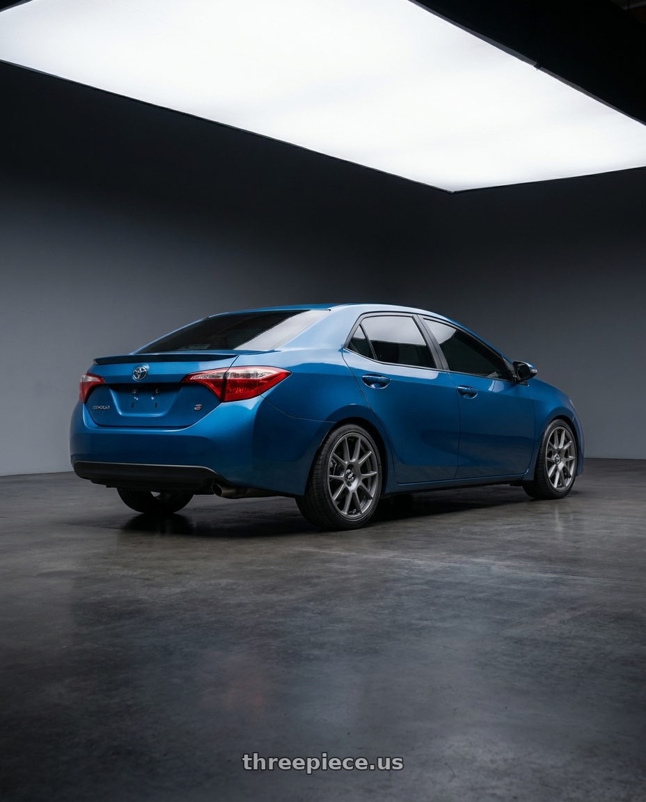 2016 Toyota Corolla S with fifteen52 PODIUM 5x112 / 5x120 18x8.5 +35 FROSTED GRAPHITE (SATIN GREY) wheels rear three quarter view square tires
