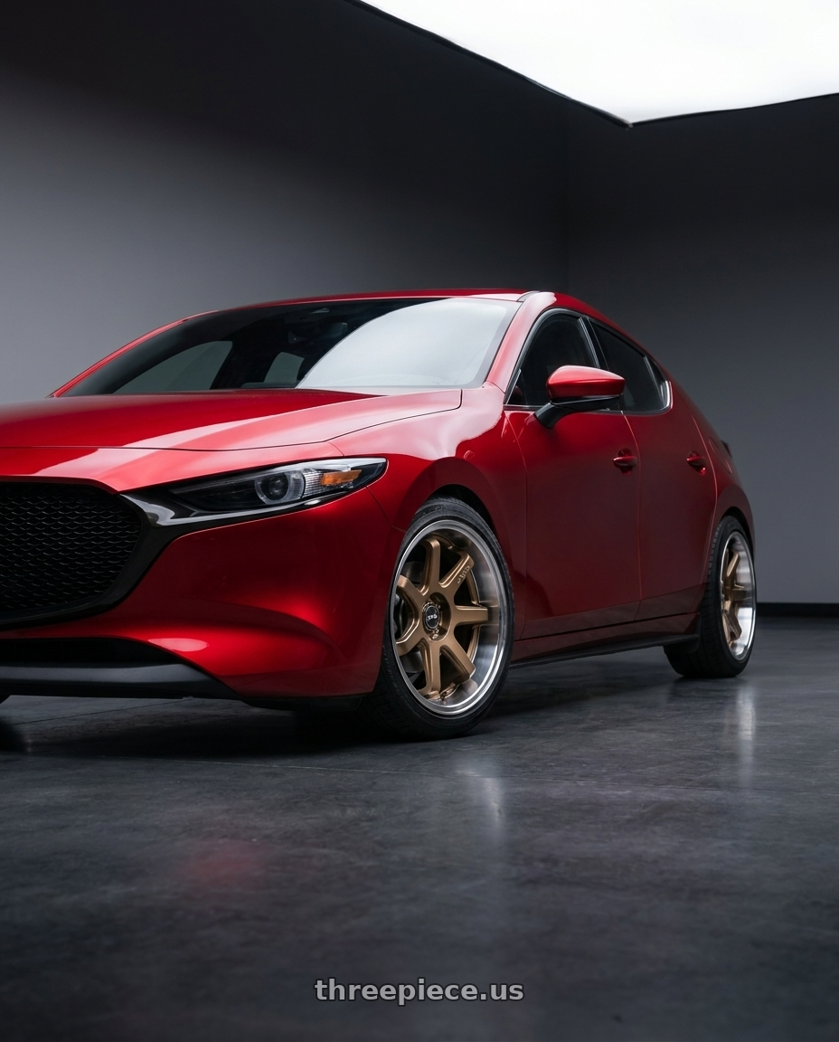 2026 Mazda 3 hatchback soul red with F1R FC7 5x114 18x8.5 +38 Satin Bronze/Polish Lip wheels