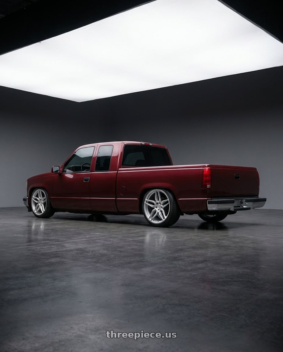 1998 chevy c150, base maroon with ADV.1 ADV005 5x120 20x9 +28 Platinum wheels rear three quarter view slight stretch tires