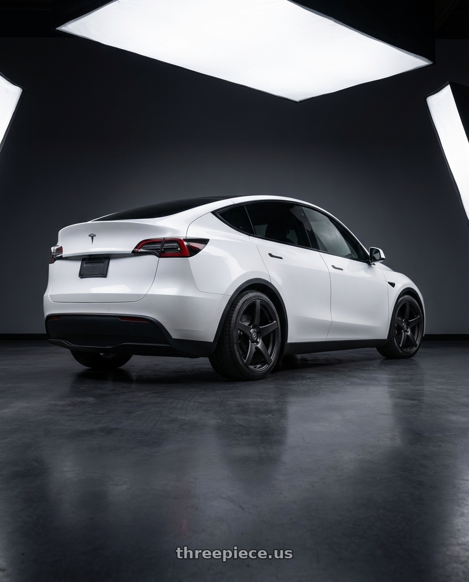 2024 Tesla Model Y with Forgestar CF5 5x114.3 20x9 +35 Satin Black wheels rear three quarter view square tires