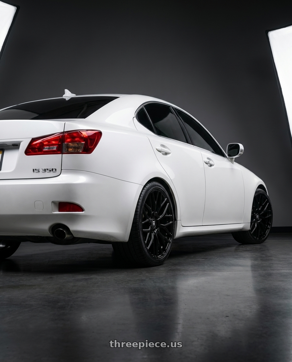 2012 Lexus IS 350 with TOUREN TR76 3276 5x114.3 20x8.5 +35 GLOSS BLACK wheels rear three quarter view square tires