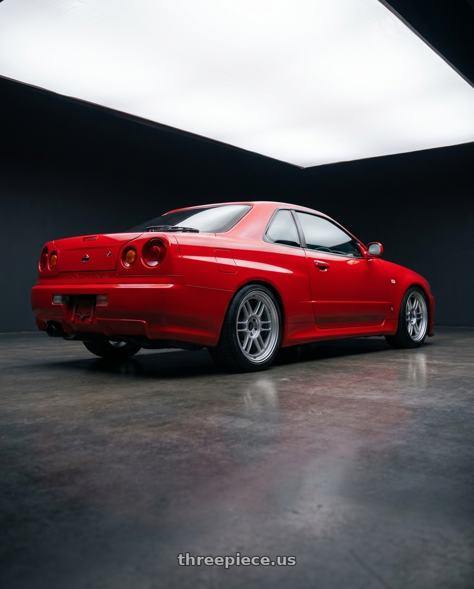 2001 NISSAN SKYLINE R34 RED with Enkei RPF1 4x100 14x7+19 Silver wheels rear three quarter view square tires