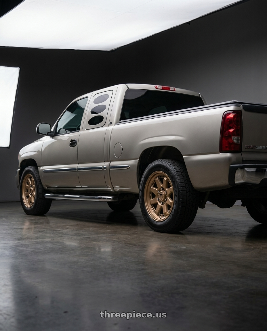 2002 GMC Sierra SLE Pewter with RTX TYR 6x139.7 17x7.5 +13 Bronze wheels rear three quarter view square tires