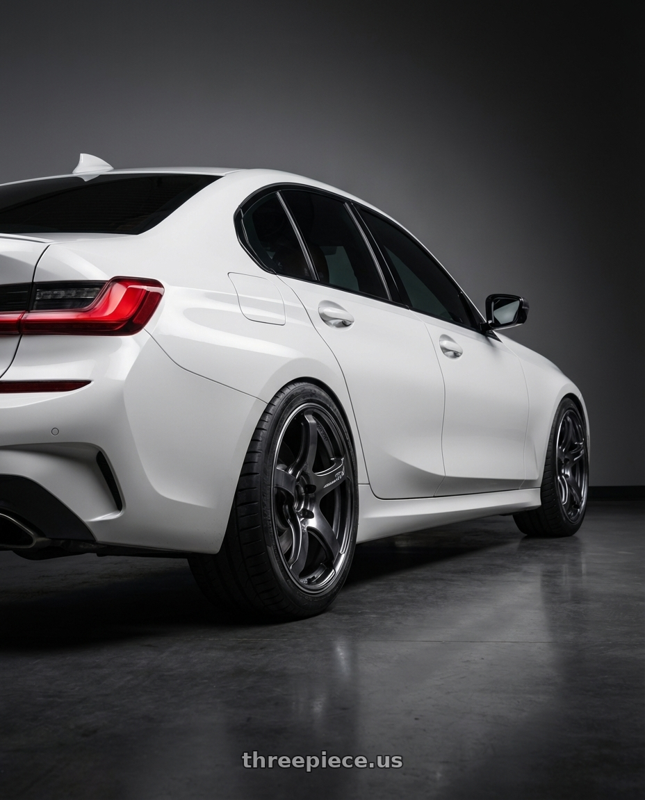 2020 bmw m340i with Advan Racing TC4 5x120 18x9.5 +38 BLACK CHROME wheels rear three quarter view meaty tires
