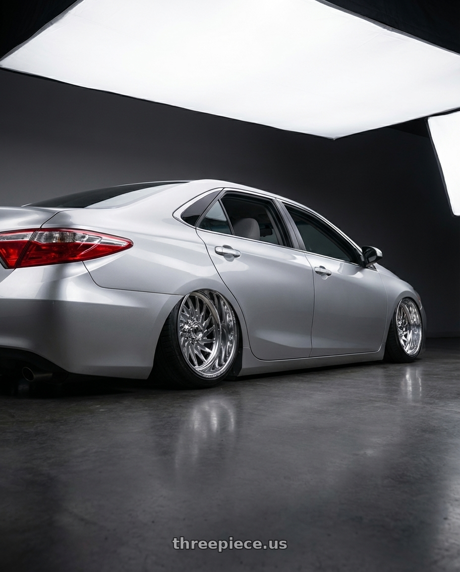 2016 toyota camry with Fuel Forged FF110 8x170 20x9 +0 POLISHED wheels rear three quarter view extreme stretch tires