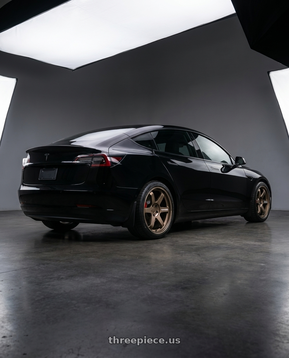 2023 Tesla Model 3Performance with Volk Racing TE37 ULTRA M-SPEC 5x114.3 19x9.5 +22 BLAST BRONZE wheels rear three quarter view square tires
