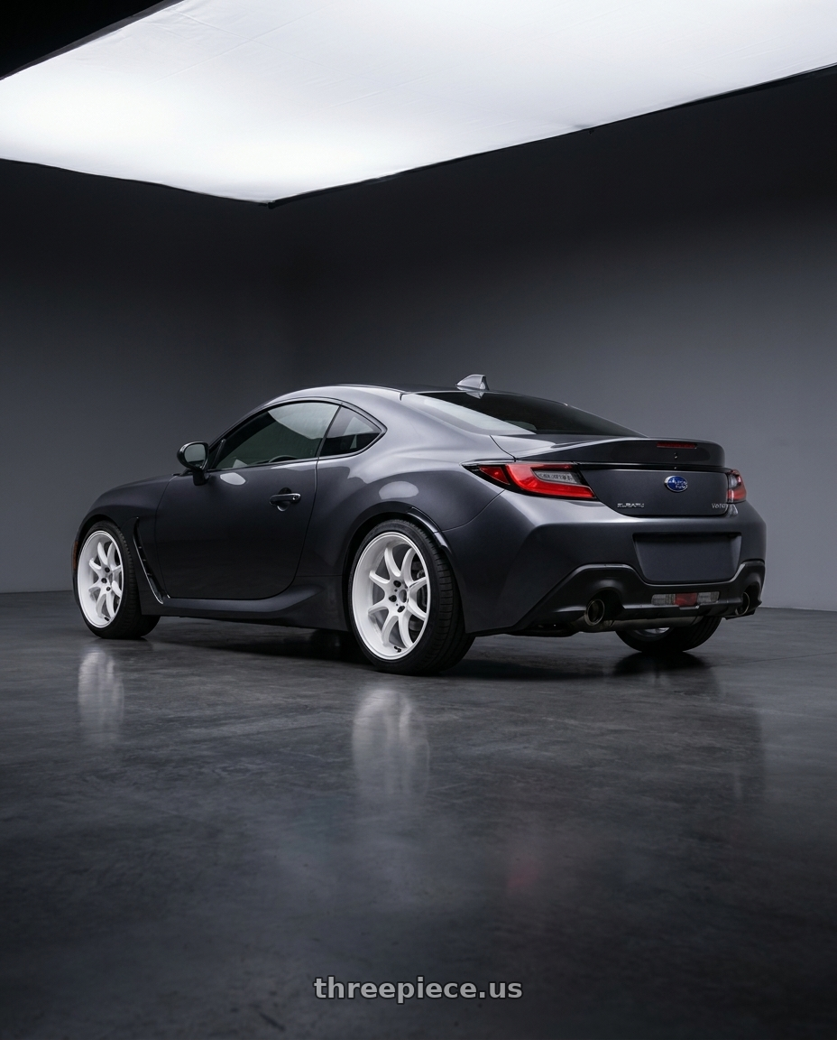 2023 Subaru BRZ premium with Work Emotion D9r 5x100 18x7.5 +47 White wheels rear three quarter view square tires