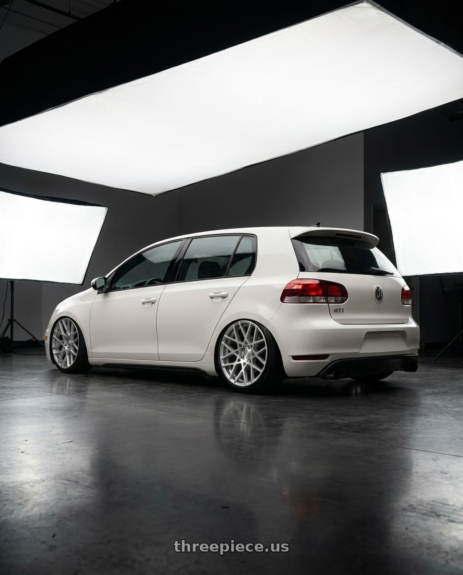 2012 Vw gti with Rotiform 1PC R110 BLQ 5X112 18X8.5 +35 GLOSS SILVER MACHINED wheels rear three quarter view slight stretch tires