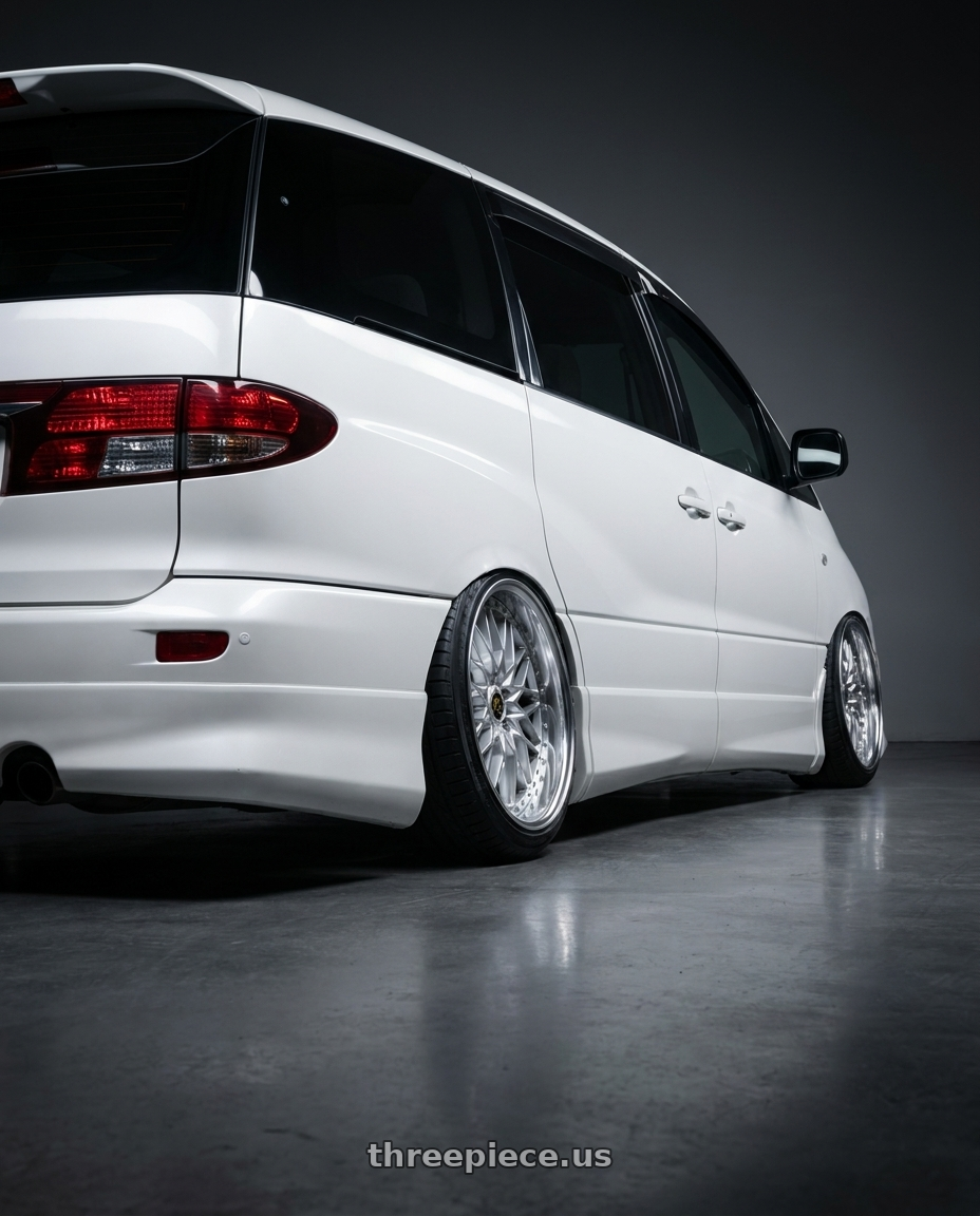 2000 estima acr30w with Work Vs-Xv 5x114.3 19x8.5+40 O Disk Silky Rich Silver wheels rear three quarter view slight stretch tires
