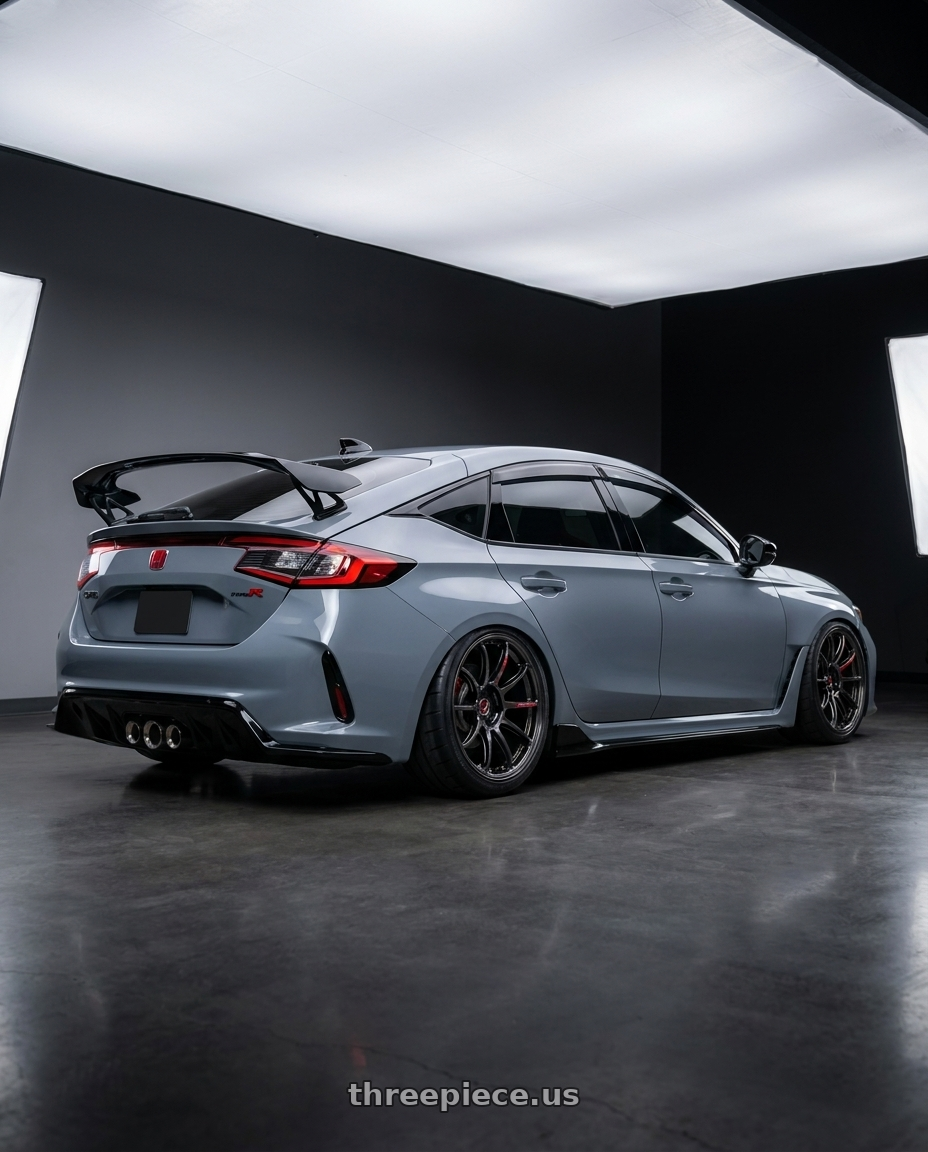 2024 type R with Work Emotion Zr10 5x114.3 19x9.5 +38 Glim Black Diamond Rim cut wheels rear three quarter view meaty tires