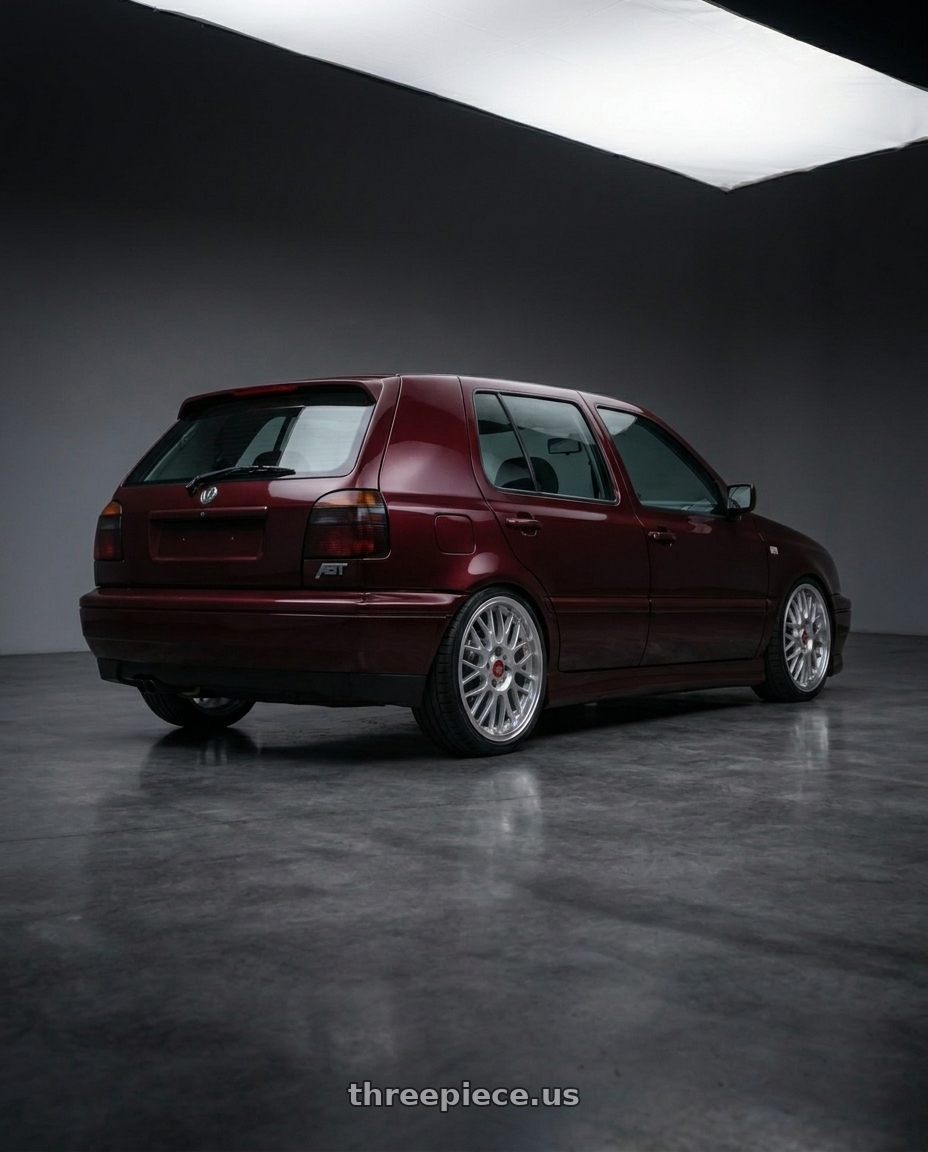1995 vw golf mk3 hatchback ABT , Dark Burgundy Pearl with BBS RS-GT 5x112 18x8.0+35 Diamond Silver wheels rear three quarter view square tires