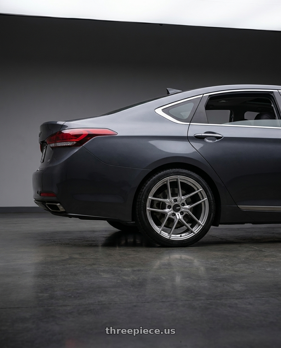 2019 Genesis G80 Ultimate 5 with Enkei TY-5 5x100 18x9.5+45 Hyper Silver wheels rear three quarter view square tires