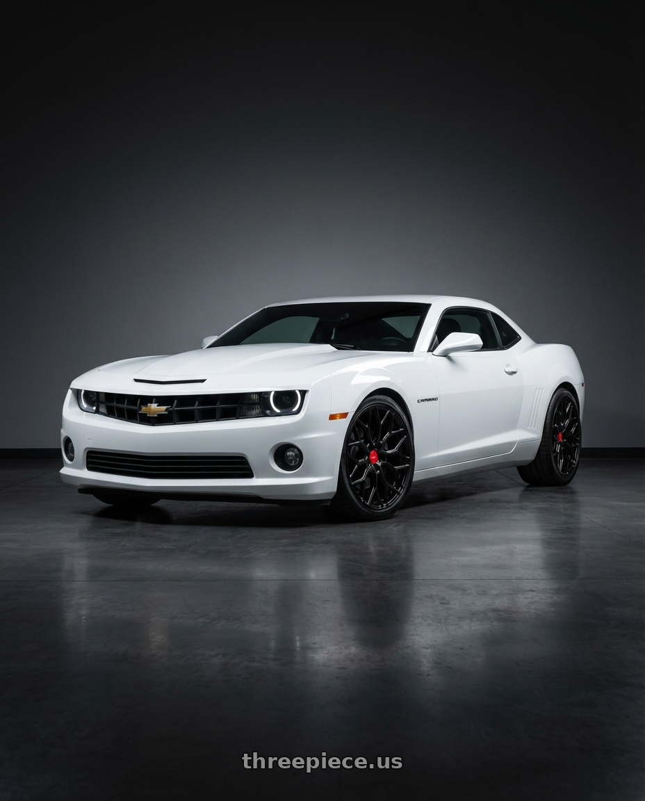 2014 Chevrolet Camaro 5th Gen with Vossen HF-2 20x9 / 5x120 / ET35 / Flat Face / 66.9 - Gloss Black Wheel - HF2-0B03 wheels front three quarter view lowered stance