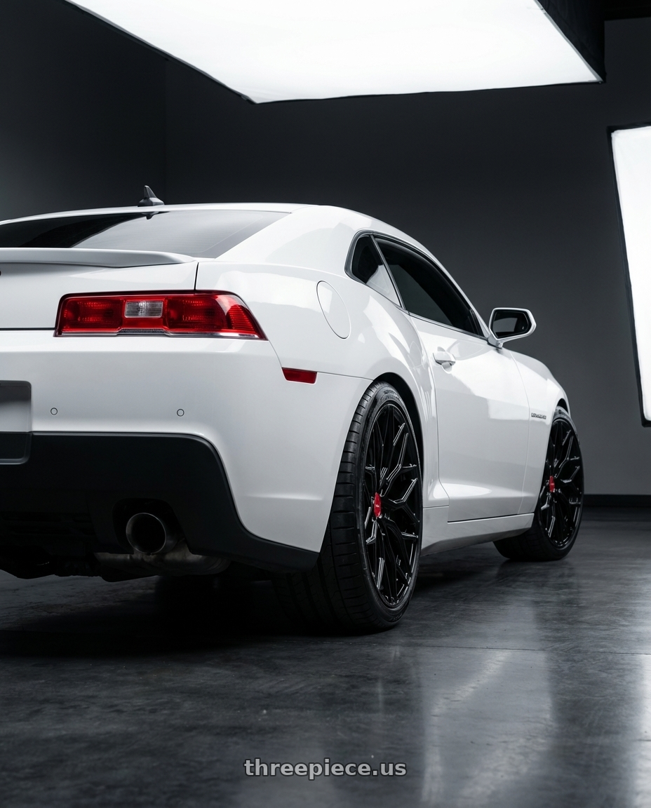 2014 Chevrolet Camaro 5th Gen with Vossen HF-2 20x9 / 5x120 / ET35 / Flat Face / 66.9 - Gloss Black Wheel - HF2-0B03 wheels rear three quarter view square tires