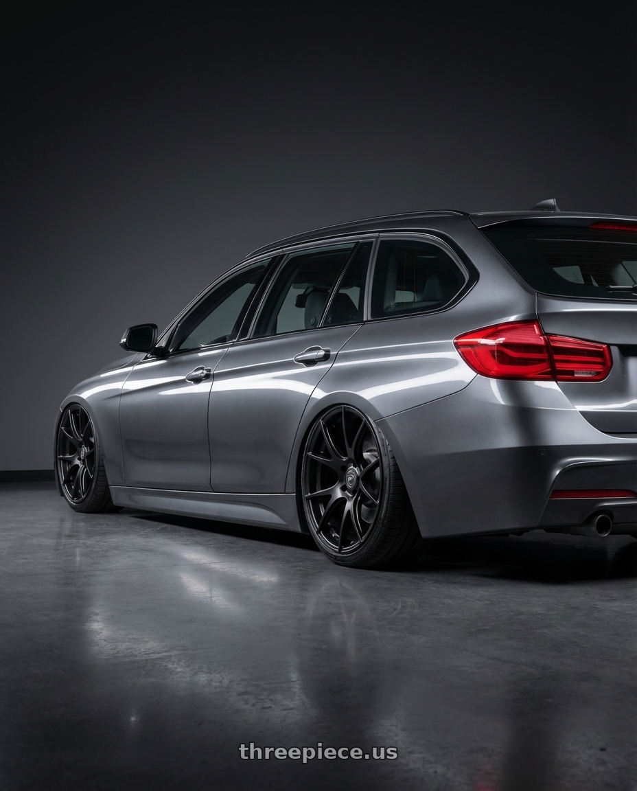 2016 BMW 3 Series F30 with Forgestar CF5V 5x120 19x9 +38 Satin Black wheels rear three quarter view slight stretch tires