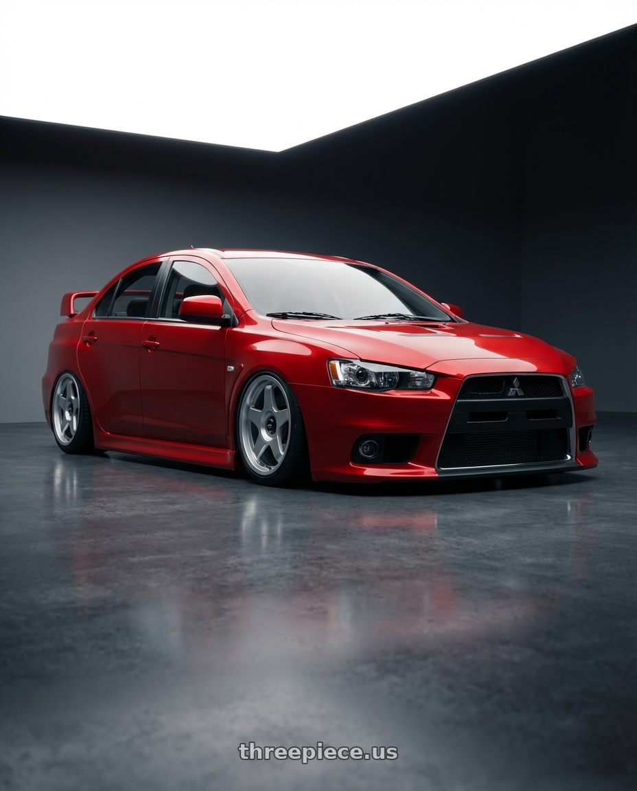 2012 Mitsubishi Lancer Evo X with fifteen52 CHICANE 5x114.3 / 5x100 18x8.5 +35 SPEED SILVER (GLOSS SILVER) wheels front three quarter view stanced stance