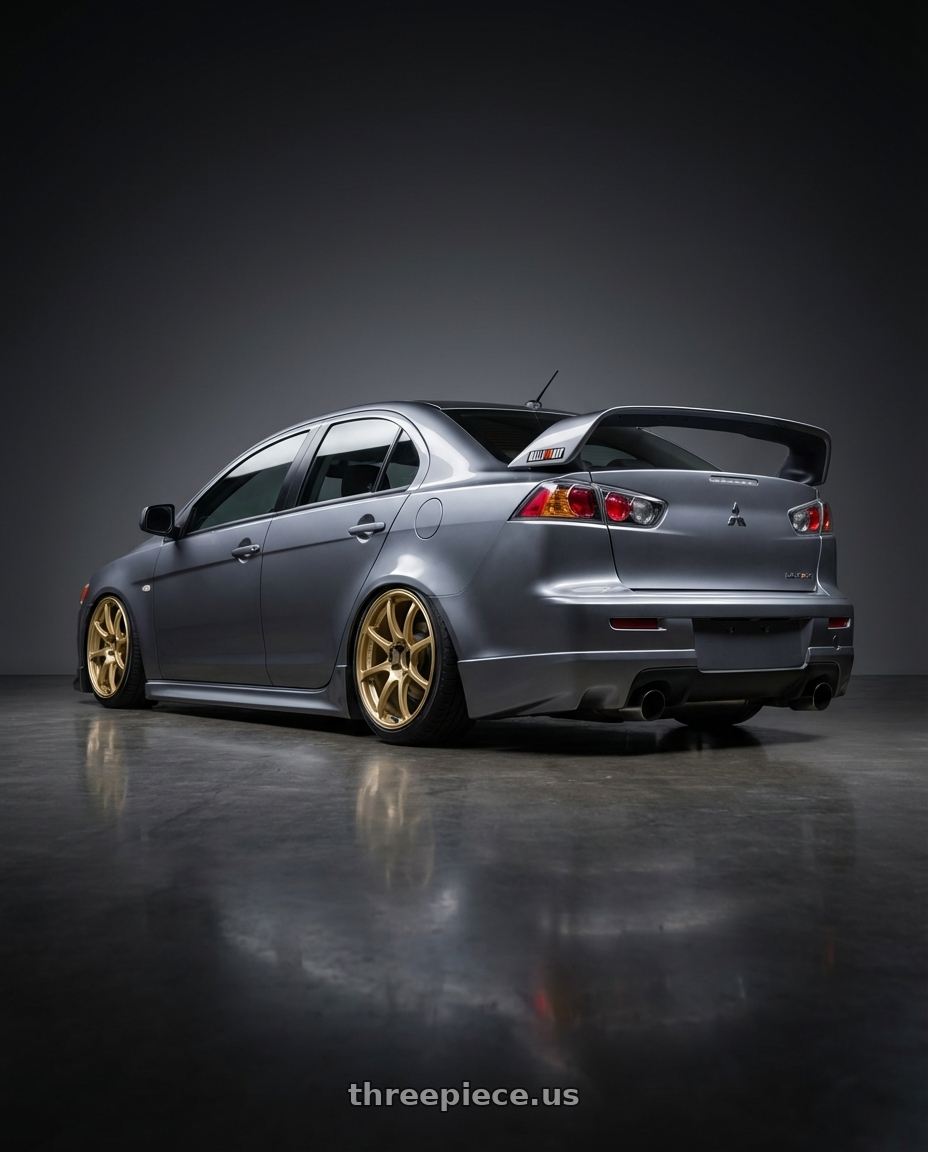 2014 Mitsubishi Lancer Ralliart with Advan RCIII 5x114.3 18x8.5+38 Gold wheels rear three quarter view slight stretch tires