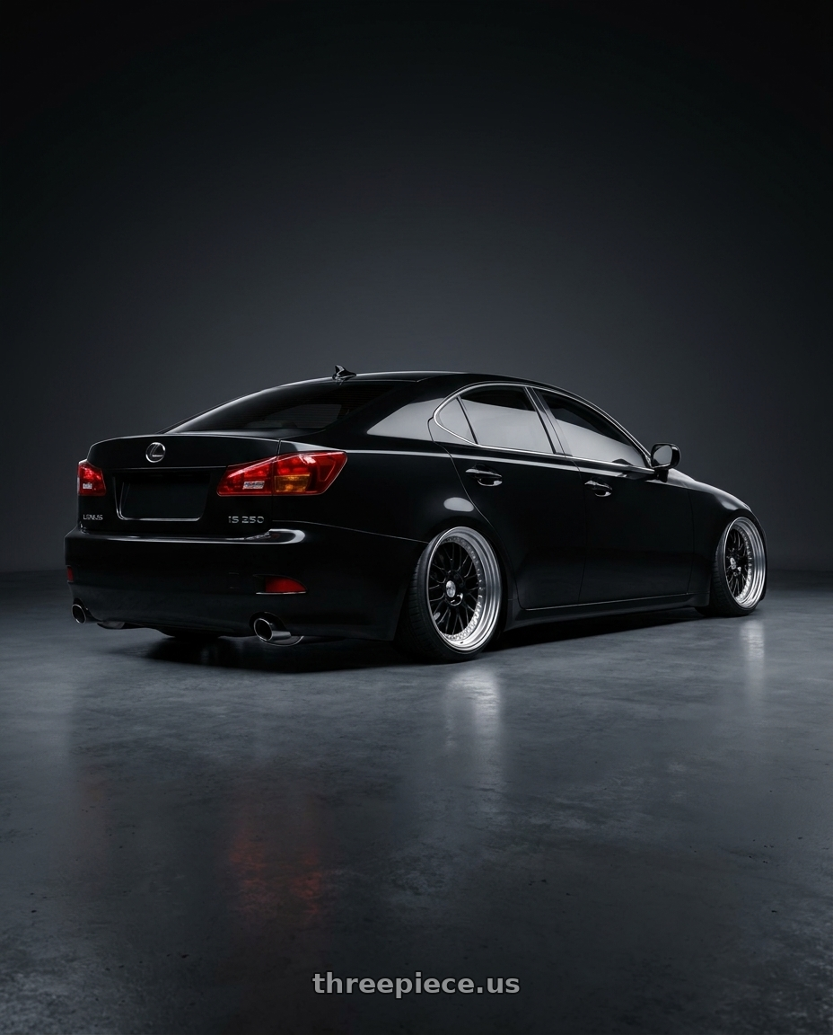 2007 Lexus is 250 with Work Meister M1 3p 5x114.3 19x8.5+43 O Disk Black wheels rear three quarter view extreme stretch tires