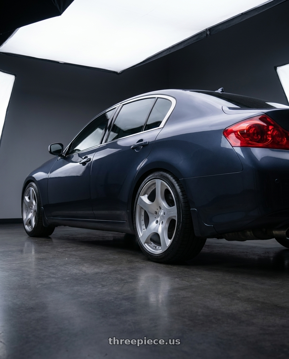 2008 INFINITI G35 with MRR VP3 5x114.3 19x8.5  +35 Silver Machine Face wheels rear three quarter view square tires