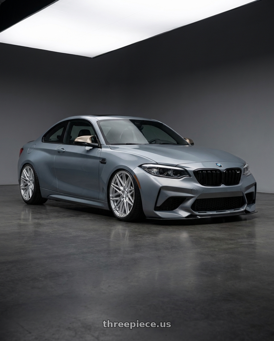 2021 BMW M2 Competition with Vossen HF-7 5x120 20x9 +35 Flat - Silver Polished wheels front three quarter view stanced stance