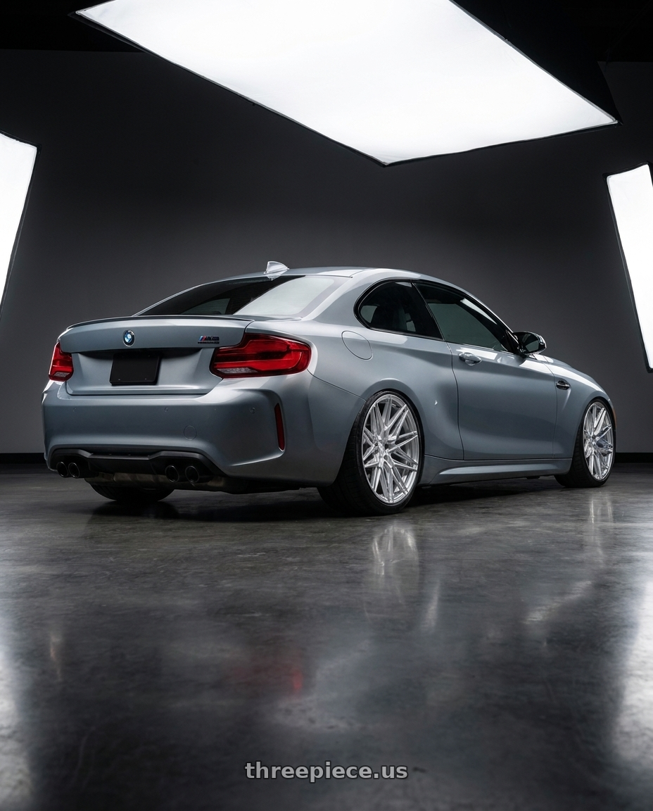 2021 BMW M2 Competition with Vossen HF-7 5x120 20x9 +35 Flat - Silver Polished wheels rear three quarter view slight stretch tires