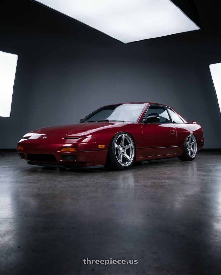 1993 Nissan S13 Maroon with Work Emotion T5r 5x114.3 18x9.5 +12 Glow Silver wheels
