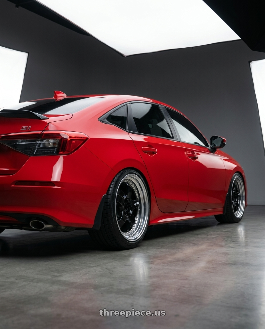 2026 Honda Civic Si with Work Meister S1 3P 5x100 18x9.5+29 A Disk Black wheels rear three quarter view slight stretch tires