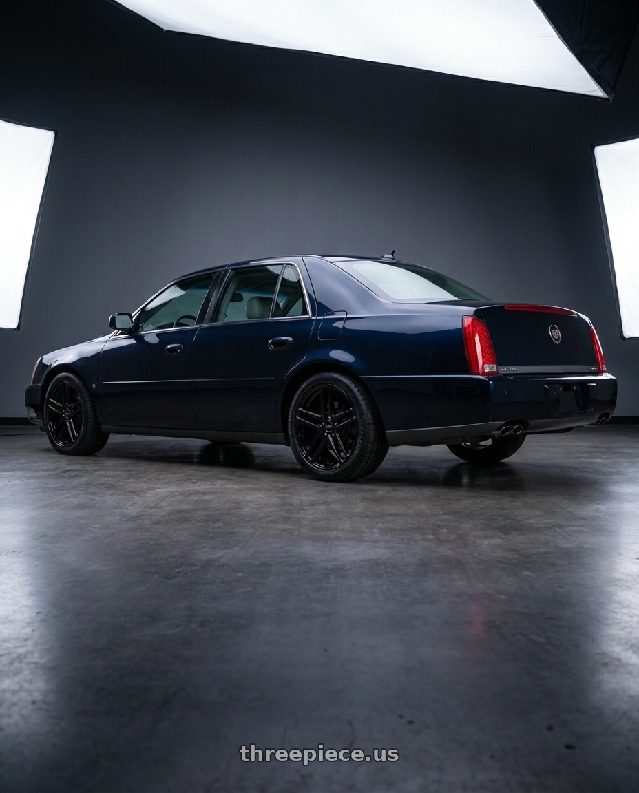 2005 Cadillac deville dts with American Racing AR907 5X115 16X7 +40 GLOSS BLACK wheels rear three quarter view square tires