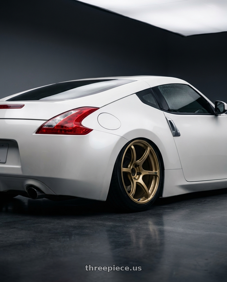 2019 Nissan 370Z with Advan RGIII 5x114.3 19x9.0+35 Gold wheels rear three quarter view slight stretch tires