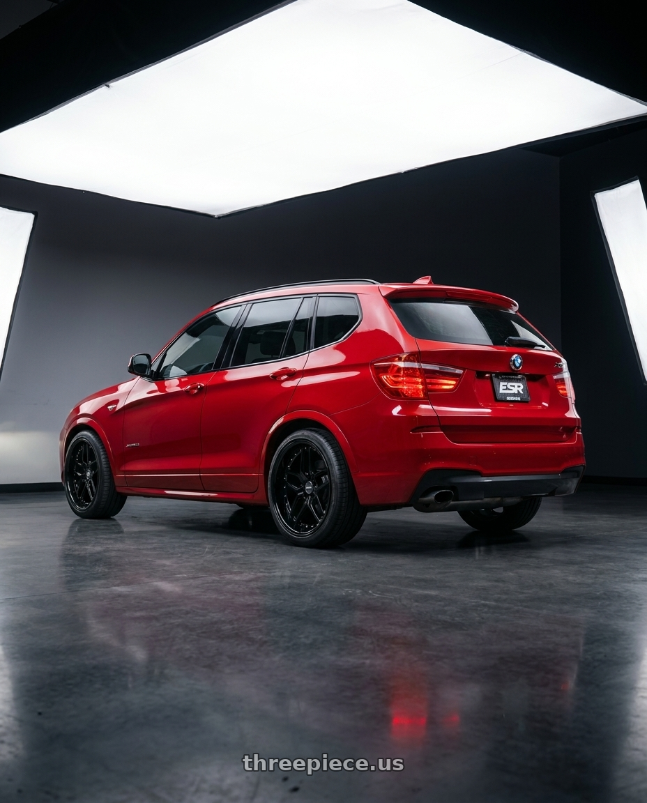 2017 x3 Msport  with ESR Wheels CS SERIES CS15 5x120 18x10.5 +22 Gloss Black wheels rear three quarter view slight stretch tires