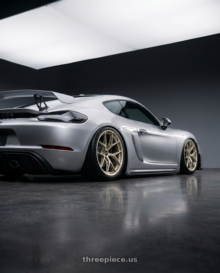 2023 718 gt4 with BBS FI-R Evo 5x112 19x9.5+15 White Gold wheels rear three quarter view slight stretch tires