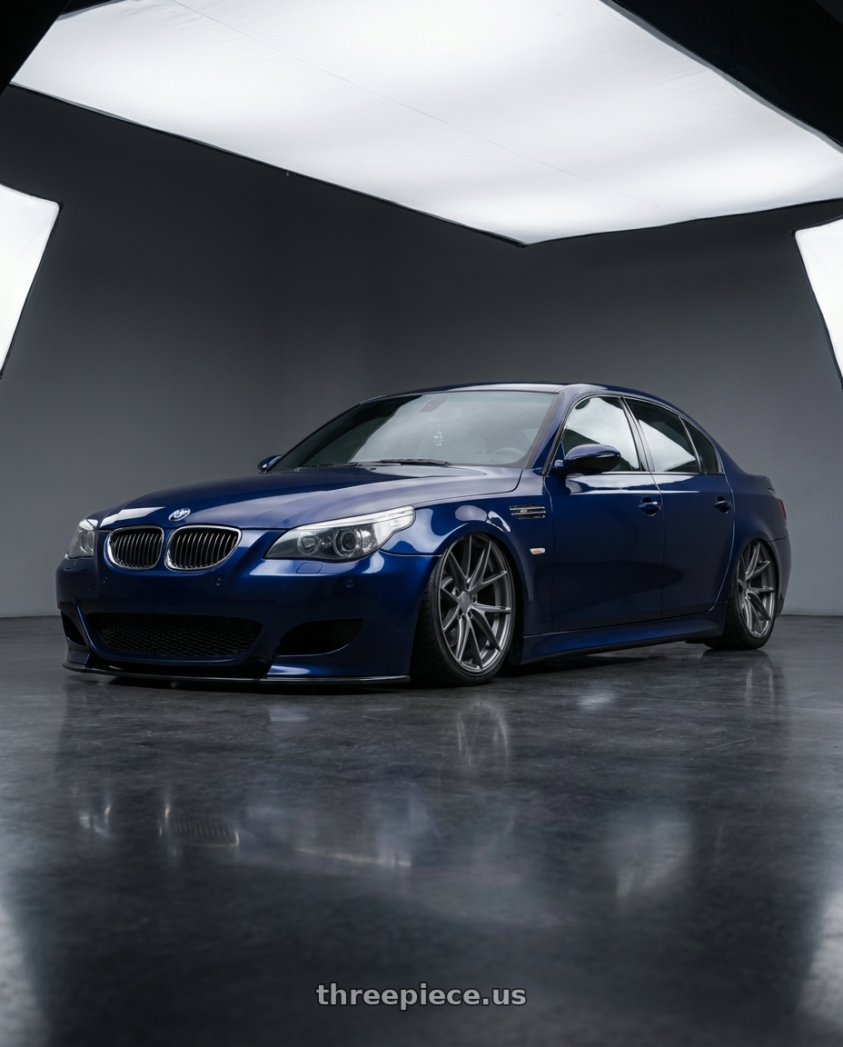 2010 BMW M5 E60 with Niche 1PC M116 MISANO 5X120 20X10.5 +35 MATTE GUN METAL wheels front three quarter view stanced stance