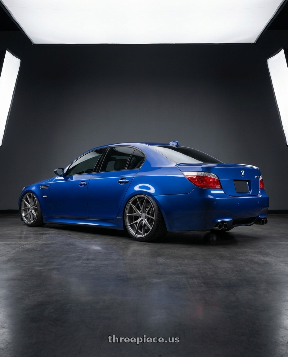 2010 BMW M5 E60 with Niche 1PC M116 MISANO 5X120 20X10.5 +35 MATTE GUN METAL wheels rear three quarter view slight stretch tires