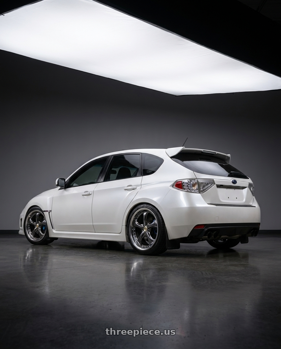 2012 Subaru Wrx Hatchback Pearl with Work Wheels VS-KF 5x100 18x8.5+40 Brilliant Silver Black O Disk FULL REVERSE wheels rear three quarter view slight stretch tires