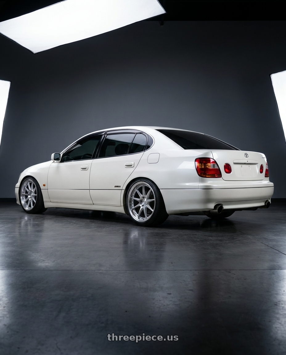 2001 Toyota Aristo V300 with Aodhan DS07 5x114.3 18x9.5+30 Silver w/Machined Face wheels rear three quarter view square tires