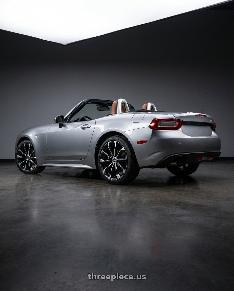 2017 fiat spider 124 with Spec-1 SP-44 4x100/4x114.3 17x7.5 +35 Gloss Black & Machined wheels rear three quarter view square tires