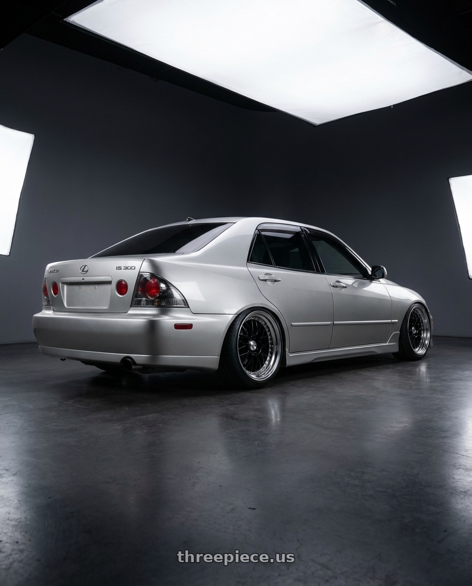 2002 Lexus Is300 with Work Meister M1 3p 4x100 18x9+27 H Disk Black wheels rear three quarter view slight stretch tires