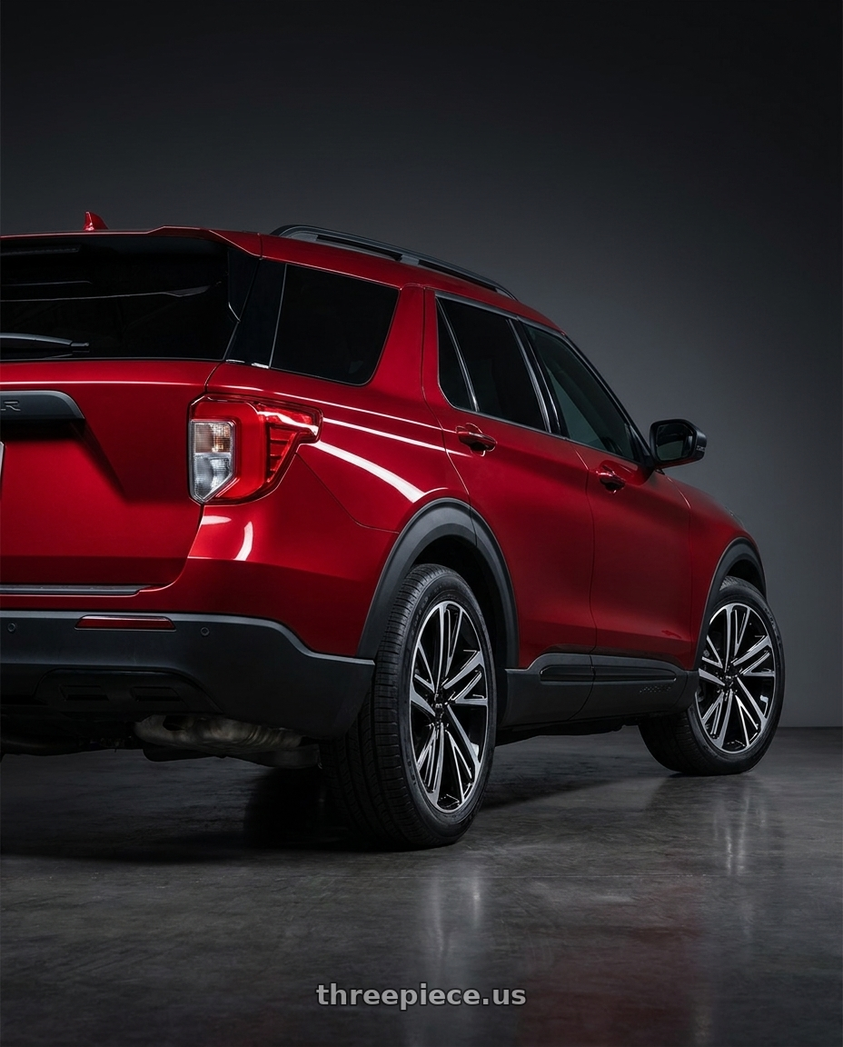 2026 ford explorer with RTX Knight 5x114.3 18x7.5 +40 Gloss Black Machined wheels rear three quarter view square tires
