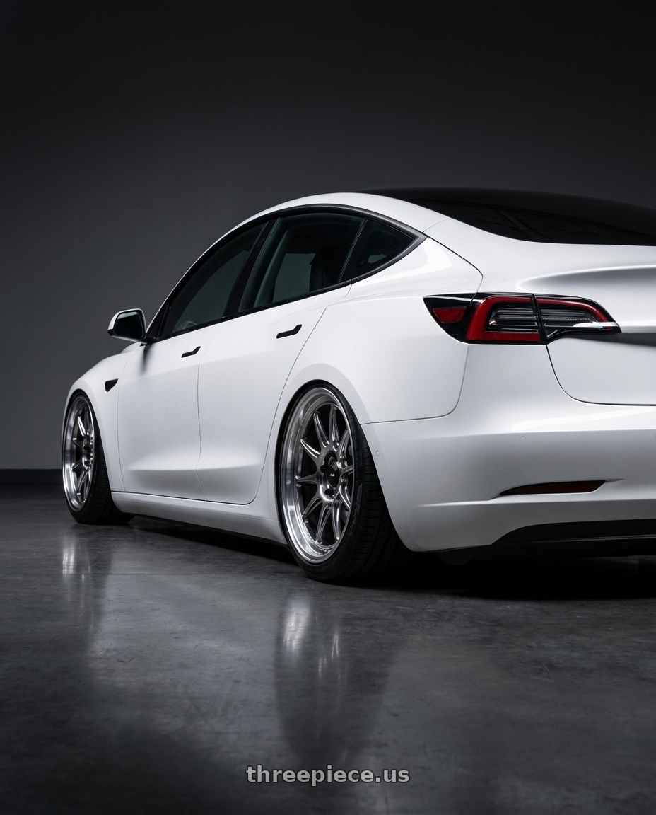 2023 Tesla Model 3 with Konig Countergram 5x114.3 19x11+18 Hyper Chrome / Machined Lip wheels rear three quarter view slight stretch tires