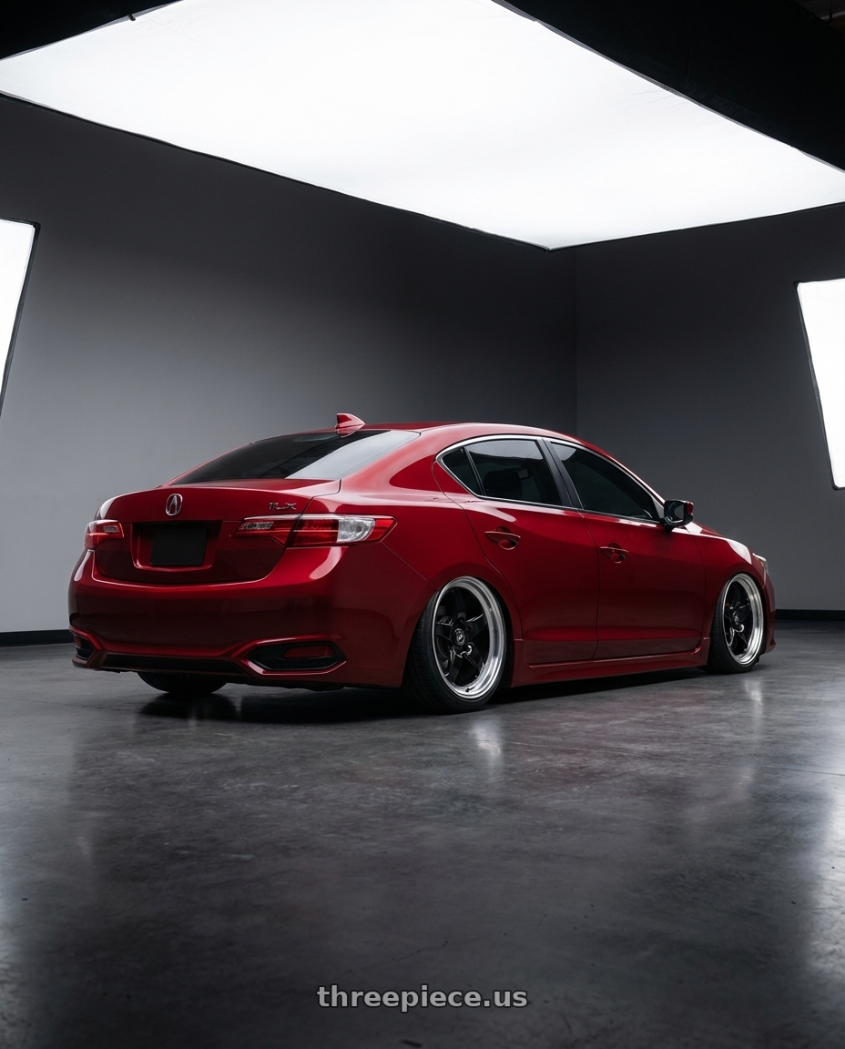 2012 Acura ILX with Forgestar D5 Drag 5x114.3 18x10 +22 Gloss Black Machined wheels rear three quarter view slight stretch tires