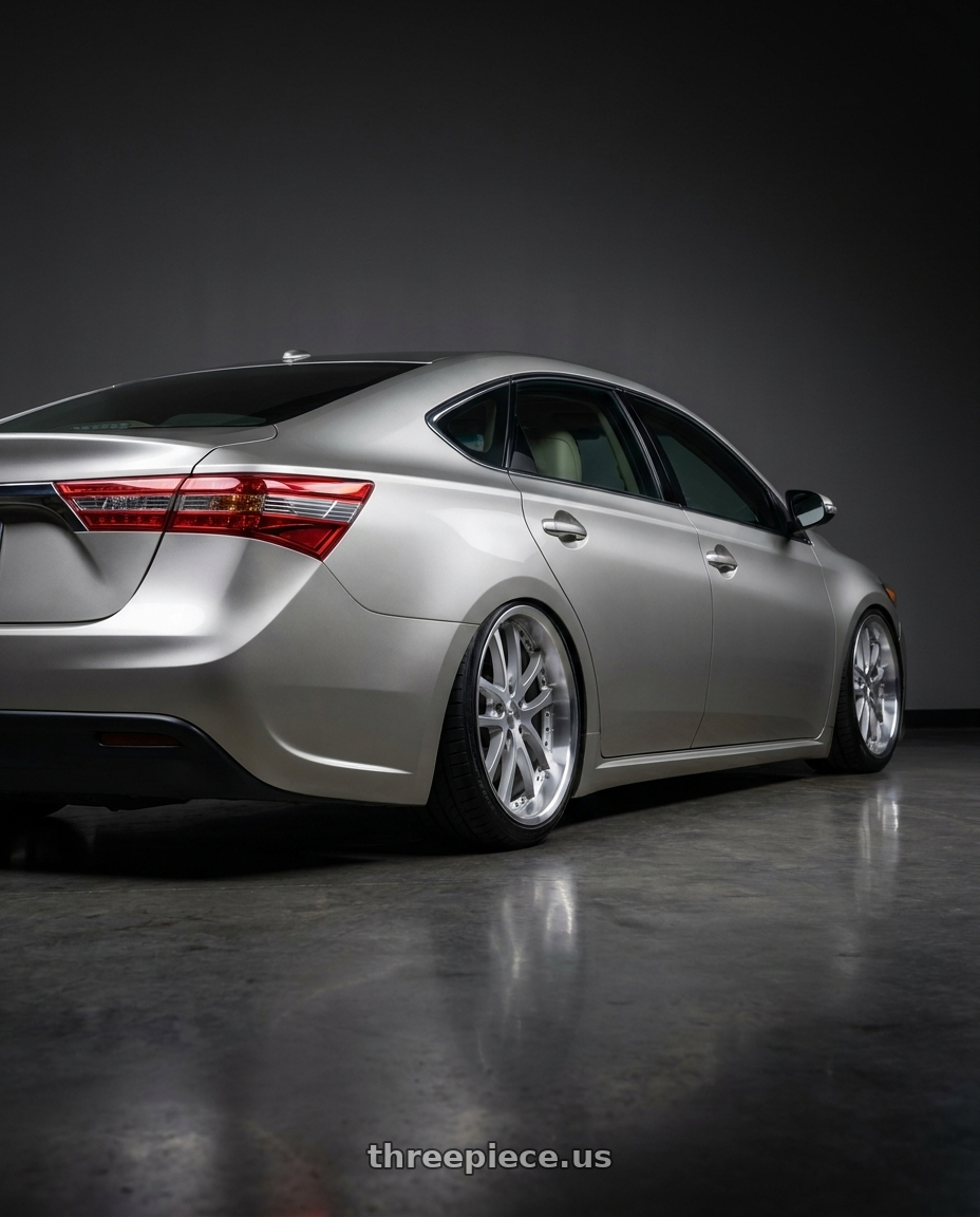 2013 toyota avalon with Vors AR5 5x114.3 19x9.5 +35 Silver Machine Face Lip Chrome Rivet wheels rear three quarter view square tires
